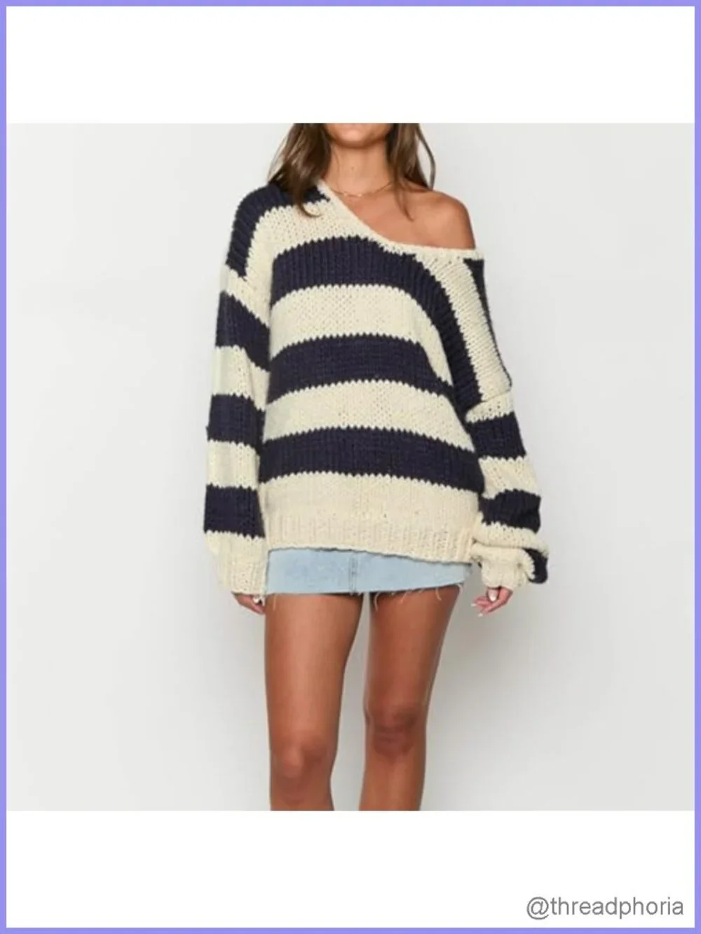Women Striped Chunky Knit Sweater Drop Shoulder Long Sleeve V-Neck Oversized